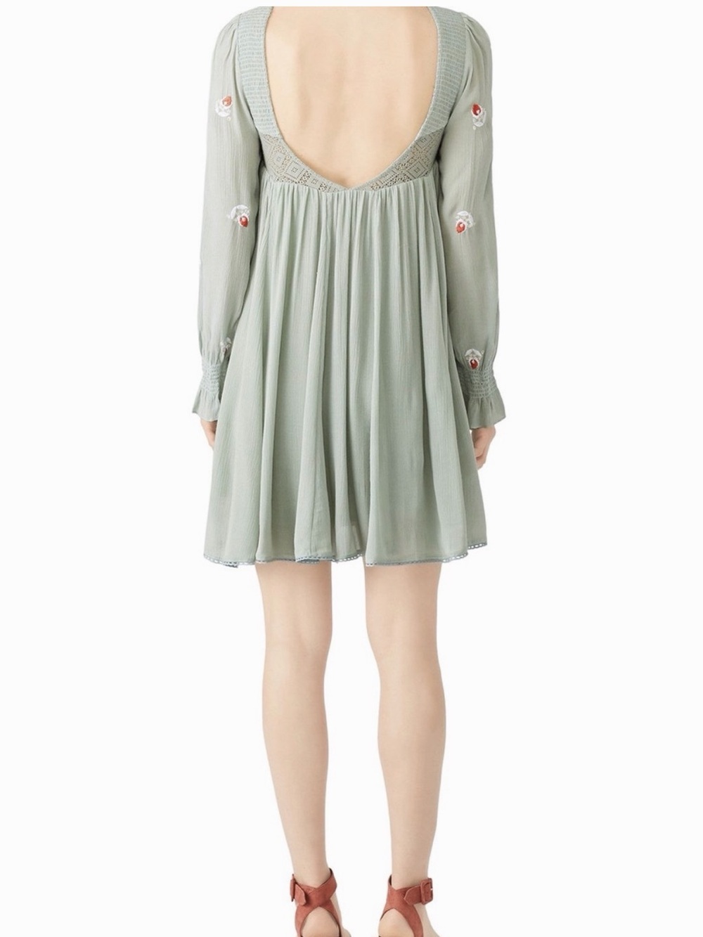 Free People Boho Mohave Moya dress Embroidered Long-Sleeve Swing Dress in Sage - Picture 4 of 4